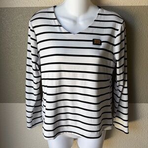 Dolce & Gabbana Women XS Logo Plaque White Black Stripe Long Sleeve Blouse Shirt
